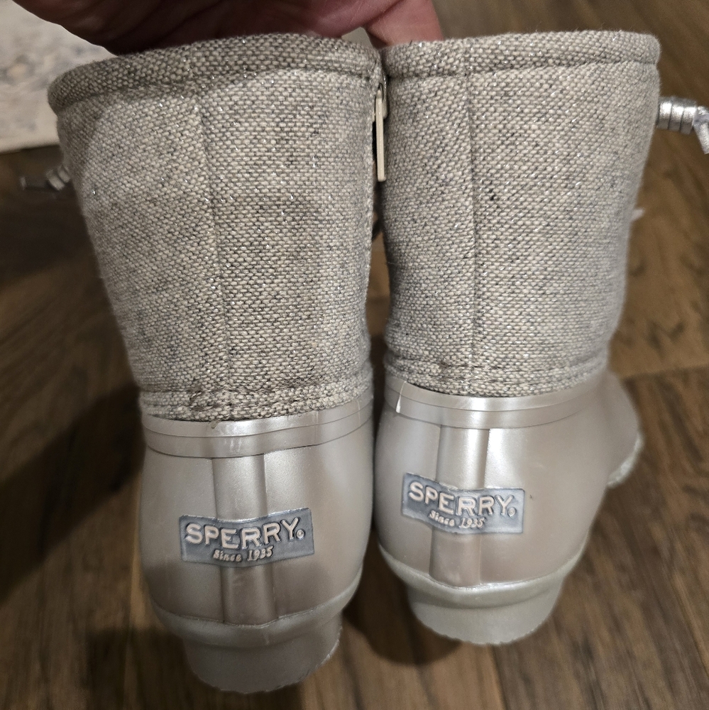 🆕 Sperry Topsider Core Saltwater Rain Duck Boots Grey Silver Iridescent Kids - Picture 12 of 16